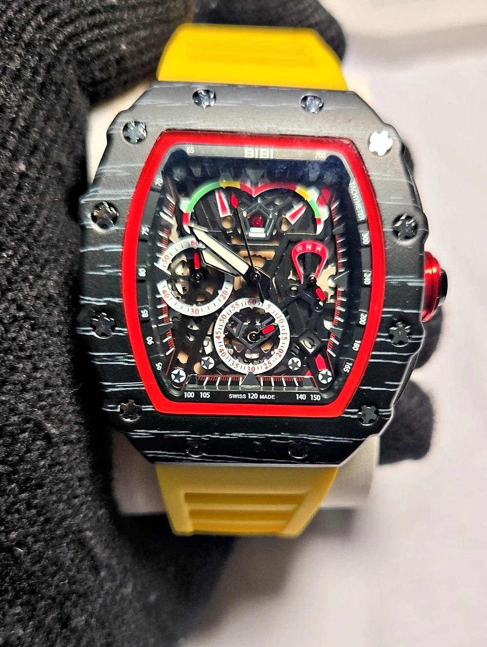 BIBI Luxury Men's Tonneau Skeleton Automatic Watch with Yellow Silicone Strap